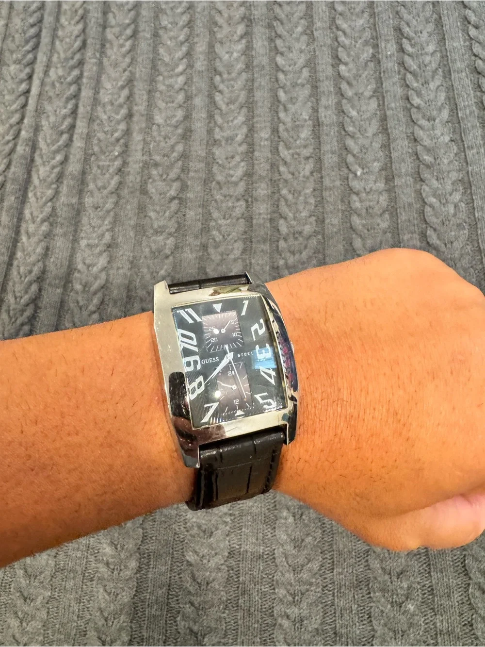 Guess Black Dial Silver-Tone Case Leather Strap Watch